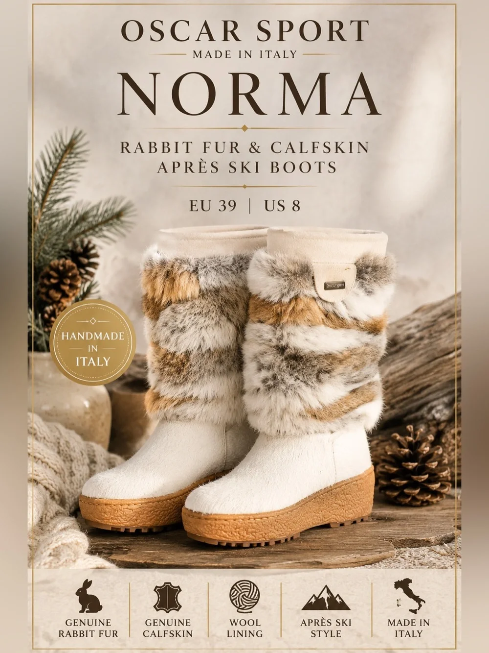 Oscar Sport Norma Rabbit Fur & Calfskin Wool-Lined Après Ski Boots Size 8
